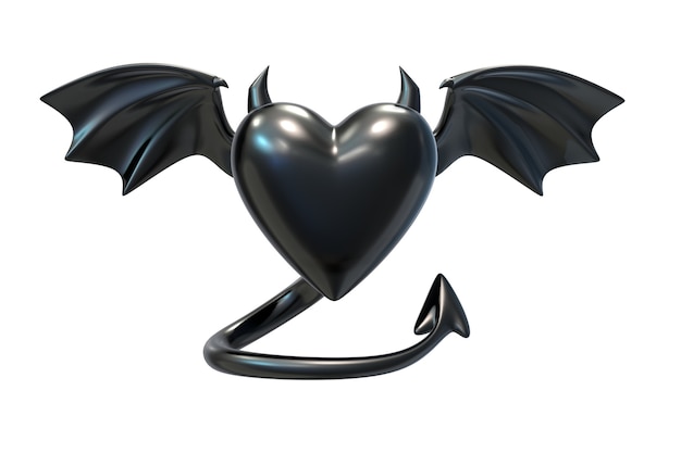 Photo 3d render of black latex heart shape with devil wings isolated on white background