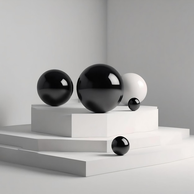 3d render black minimalistic podium and black balls on white background