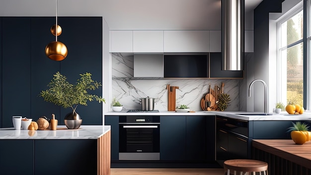 3D визуализация черной современной кухни в доме с красивым дизайном