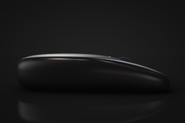 3d визуализация черная современная беспроводная мышь на черном фоне