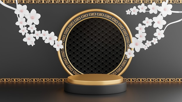 製品発表のための黒い表彰台の中国の装飾の3Dレンダリング