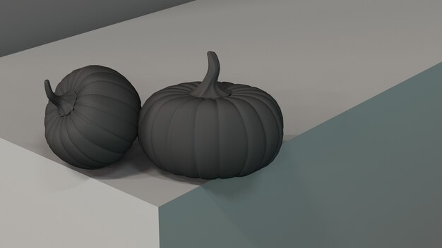 Foto rendering 3d. zucche nere su podio nero. tema vacanza halloween