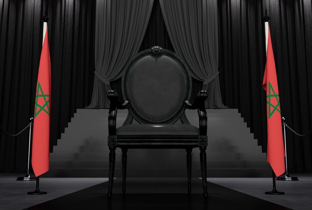 Photo 3d render of black royal chair on a dark background betwin two flags kingdom of morocco flag state symbol flag of morocco hanging on a flag pole