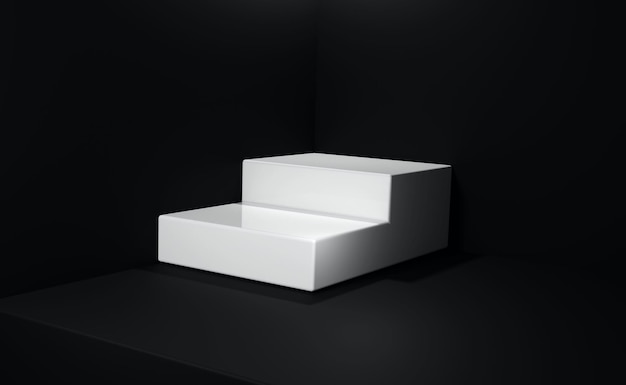 3d представляет черный выставочный зал с белым подиумом лестниц Угловой постамент глянцевый для отображения продукта
