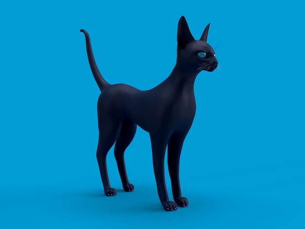 3d render black sphinx cat with raised tail on a blue\
background