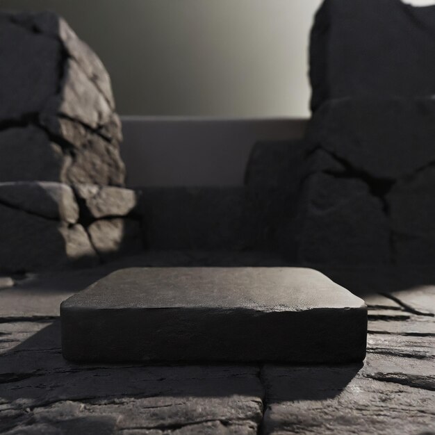 3d render black stone podium for display product rough textured blocks object placement Ai Generated