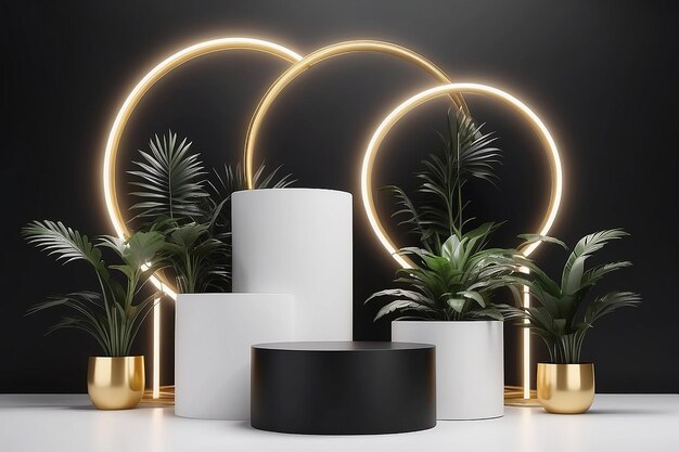 3d render of black white and gold pedestal podium on background with neon stage light abstract minimal concept decorate with plant blank space luxury minimal clean design 3d product present mockup