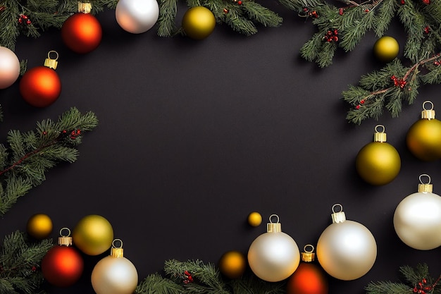 3D Render Black Xmas background with golden decorations gifts box balls confetti Christmas poster greeting card template web banner mockup Flat lay top view copy space High quality photo