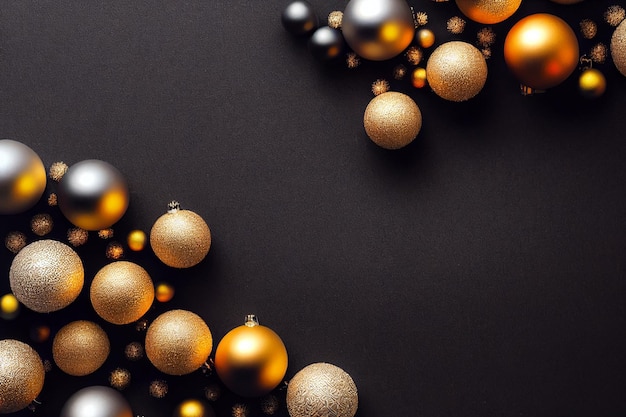 3D Render Black Xmas background with golden decorations gifts box balls confetti Christmas poster greeting card template web banner mockup Flat lay top view copy space High quality photo