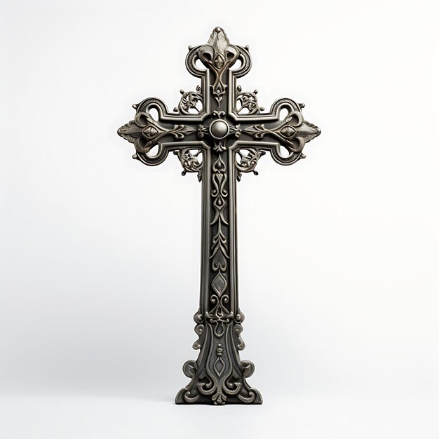 3D Render of Blackened Steel Cross With Oxidized Texture and Intricate La Good Friday Easter Palm