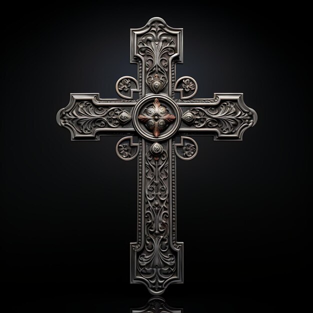 3D Render of Blackened Titanium Cross With Oxidized Texture and Intricate Good Friday Easter Palm