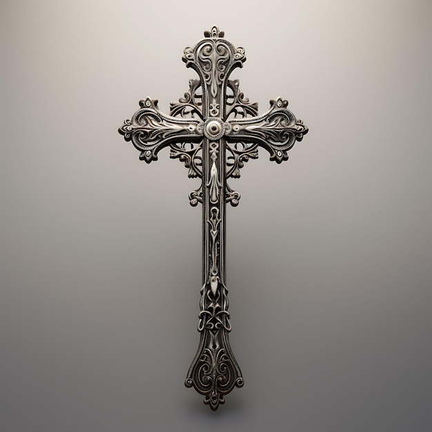 3D Render of Blackened Titanium Cross With Oxidized Texture and Intricate Good Friday Easter Palm