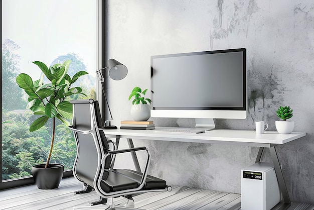 3D render blank monitor scherm met moderne werkplek met comfortabel modern bureau