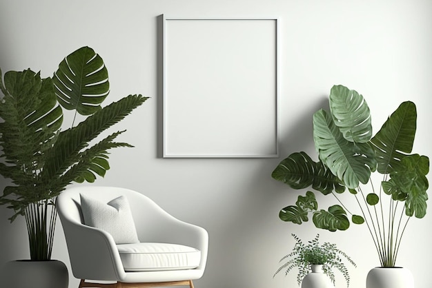 3d render blank picture frame mockup on white wall living room boho style interior Generative AI