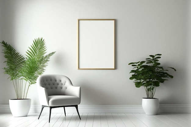 3d render blank picture frame mockup on white wall living room boho style interior Generative AI