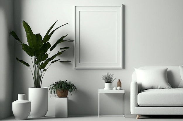 3d render blank picture frame mockup on white wall living room boho style interior Generative AI