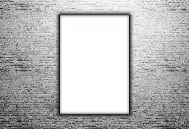 Photo 3d render of a blank picture frame on an old brick wall texture