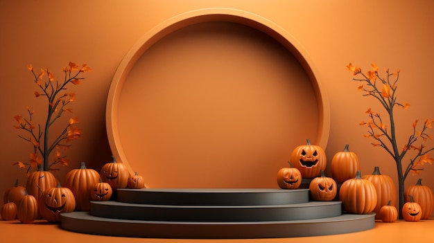 Foto rendering 3d del palco del podio vuoto con illustrazione di sfondo astratto minimalista a tema halloween ai generativa
