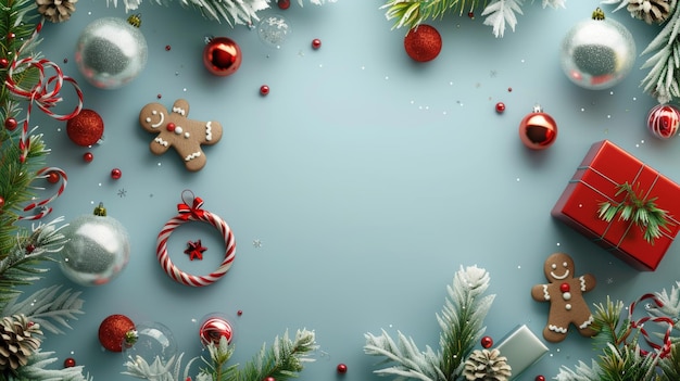 크리스마스 장식품으로 장식된 빈 둥근 프레임의 3D 렌더링, 유리 공, 빨간 선물 상자, 진저브레드 맨 쿠키 및 녹색 스프루스 가지, 밝은 파란색 배경에 표시된 이미지