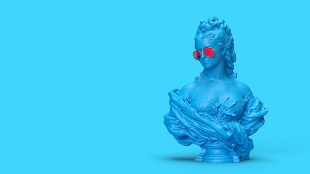 3D render blauwe sculptuur van een vrouw in roze bril op een andere achtergrond