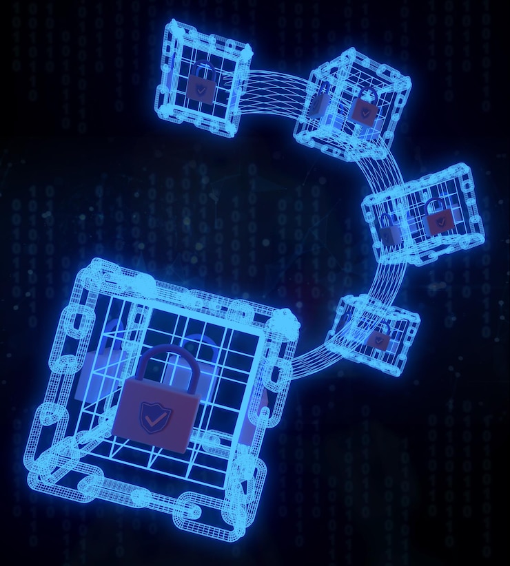 Foto 3d render blockchain-technologie voor beveiliging met digitale code op abstracte achtergrond