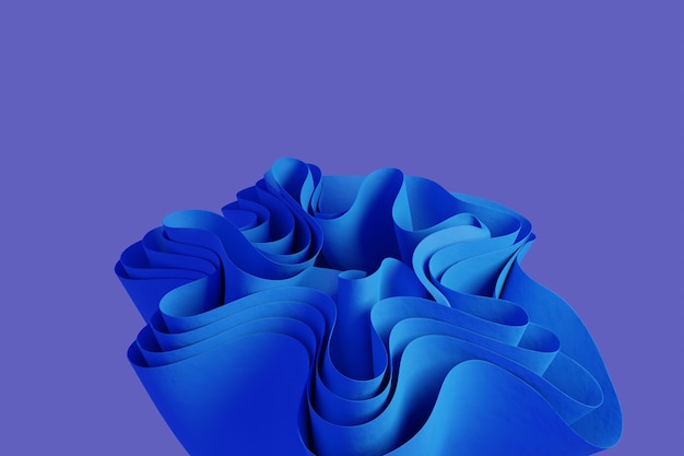 Photo 3d render blue abstract wavy form on a violet background wallpaper with 3d objects