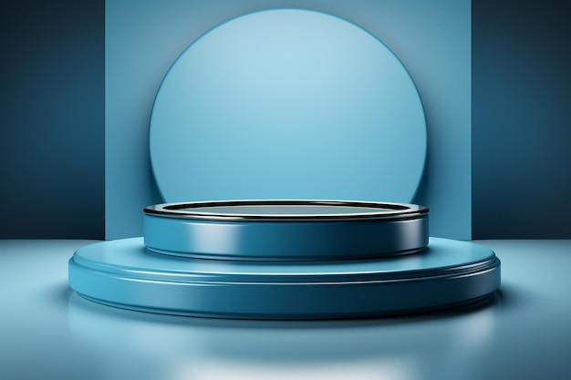 3D Render blue circular podium with a modern elegant and dynamic background