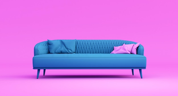 ピンクの背景に分離された青いデザインのソファの3Dレンダリング