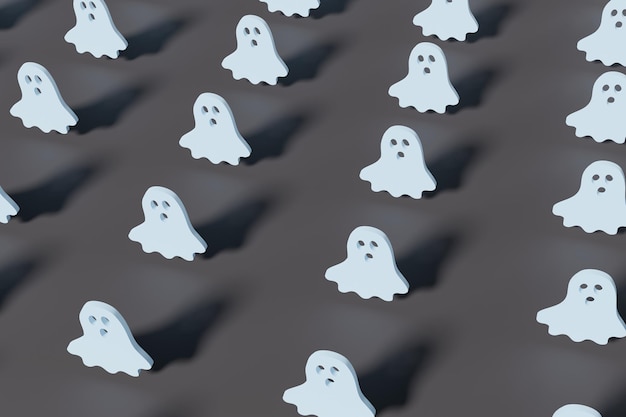 3d render blue ghost silhouettes on a black background. Modern creative 3d Halloween illustration