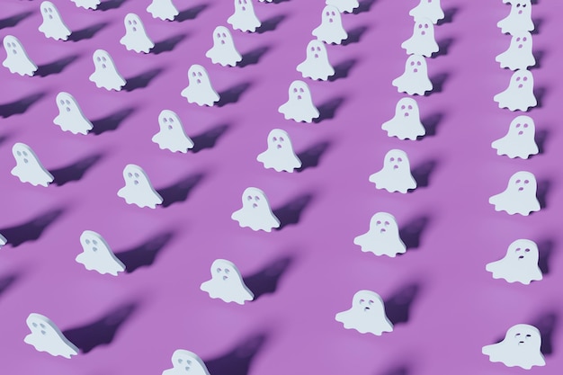 3d render blue ghost silhouettes on a violet background. Modern creative 3d Halloween illustration