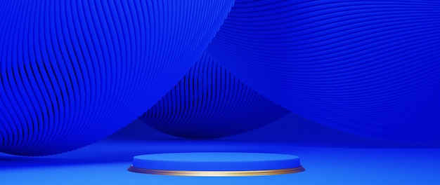 3d render of blue and gold podium. Background with geometric composition, semicircular stand. Modern design.