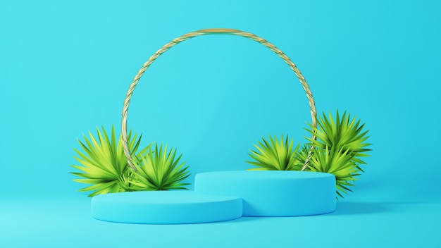 3d render of blue and gold podium with palm leaves