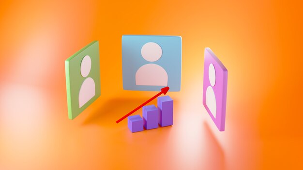 3d render of blue, green and pink person icons and a growing graph on orange background