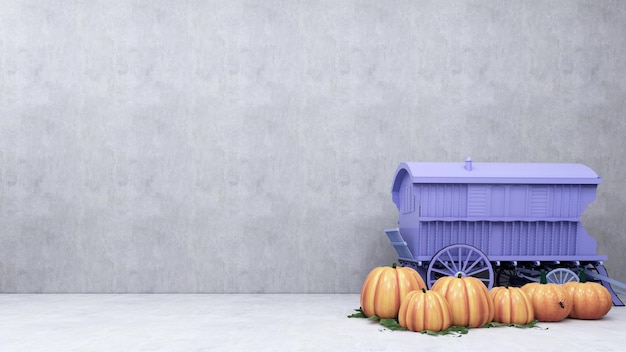 3d render blue horse carriage and pumpkin plant with empty cement wall design