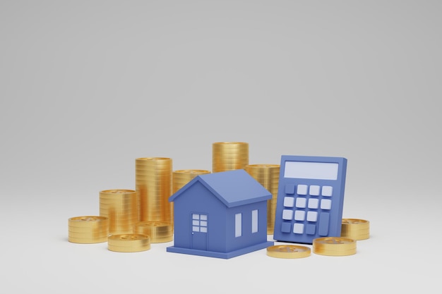 3d render of a blue house and a stack of gold coins with a small blue calculator next to it