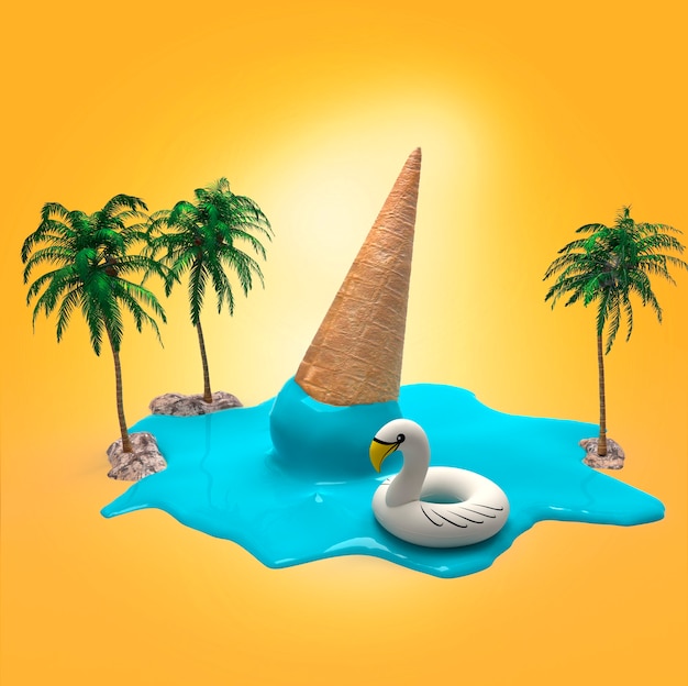 Photo 3d render blue icecream cone melting with palm trees and swan inflatable on yellow background