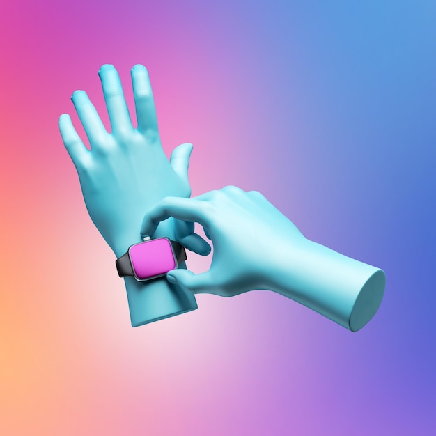 3d render blue mannequin hands set time on electronic smart watch device
