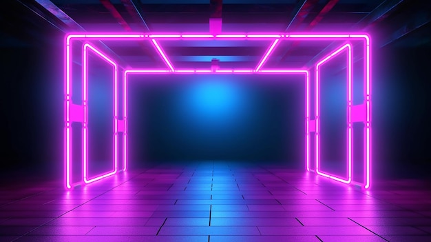 3D 렌더링 파란색 분홍색 네온 사각형 프레임 빈 공간 자외선 Generative AI