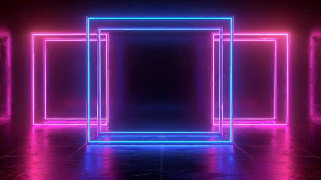 3d render blue pink neon square frame empty space ultraviolet light 80s retro style fashion sh