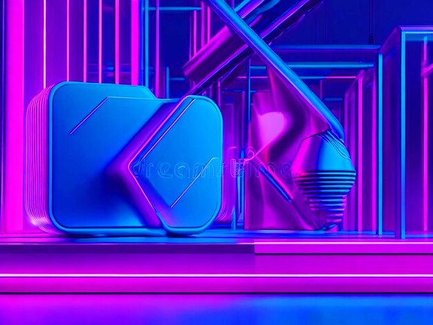 Photo 3d render blue pink violet neon abstract background ultraviolet light night club empty room inter