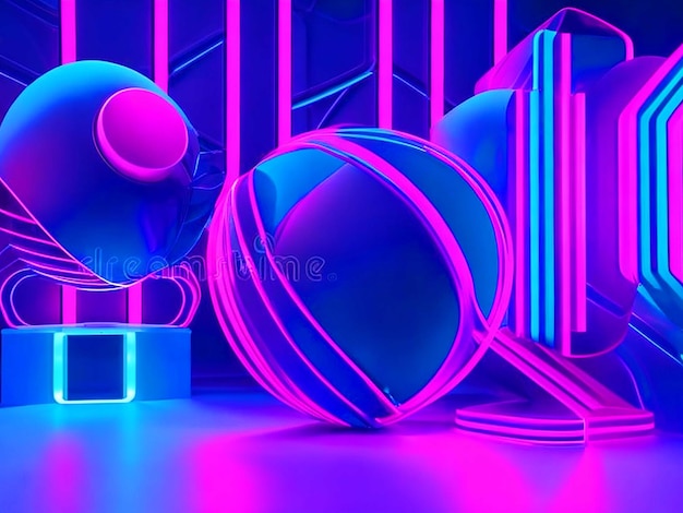 Фото 3d рендеринг синий розовый фиолетовый неоновый абстрактный фон ультрафиолетовый свет ночной клуб пустая комната интер