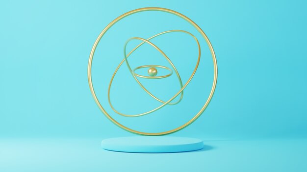 3d render of blue podium with golden circles turning and floating