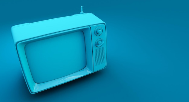 3D render of blue Retro Old Television on darl blue background,