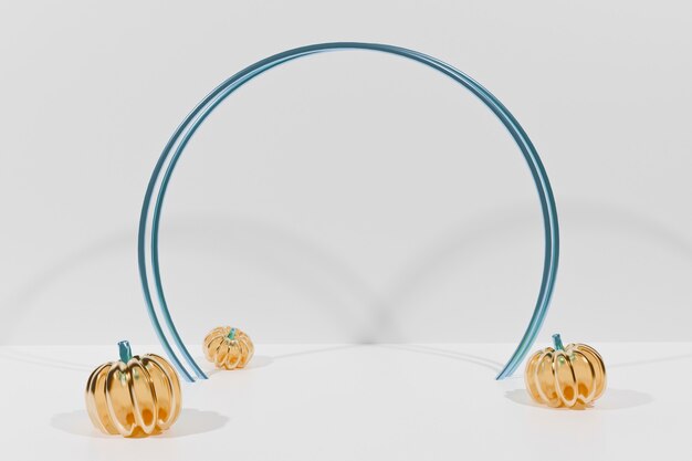 3d render blue ring podium with orange glass pumpkins on white background for Halloween