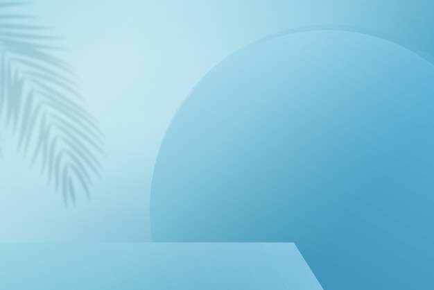 3d render blue round podium with palm tree leaf shadow on light blue background