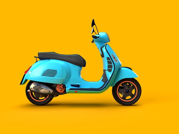 3d render blue scooter on a yellow background delivery on a scooter