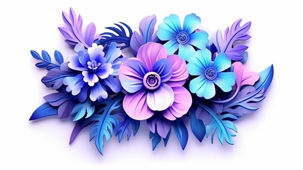 3D render blue violet neon paper flowers floral bouquet Generative AI