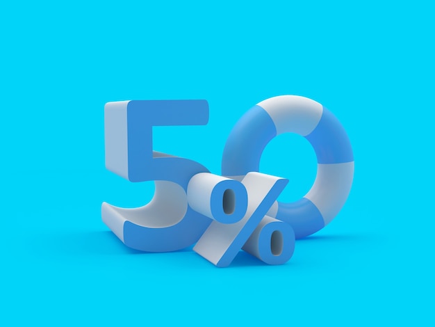 3d render blue and white fifty percent text isolated on light blue background