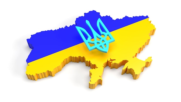 Foto rendering 3d mappa giallo blu dell'ucraina e stemma sulla mappa su sfondo bianco