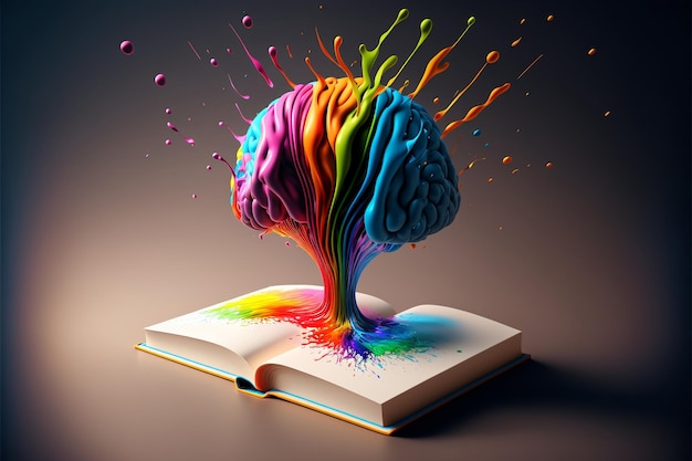 3D render boek en kleurrijke brain splash Brainstorm en inspireer concept 3d illustratie